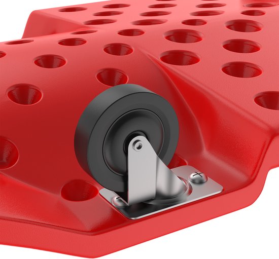 Detail van rode werkplaatsrolplank met een zwenkwiel en schroeven, met uitsparingen eromheen.