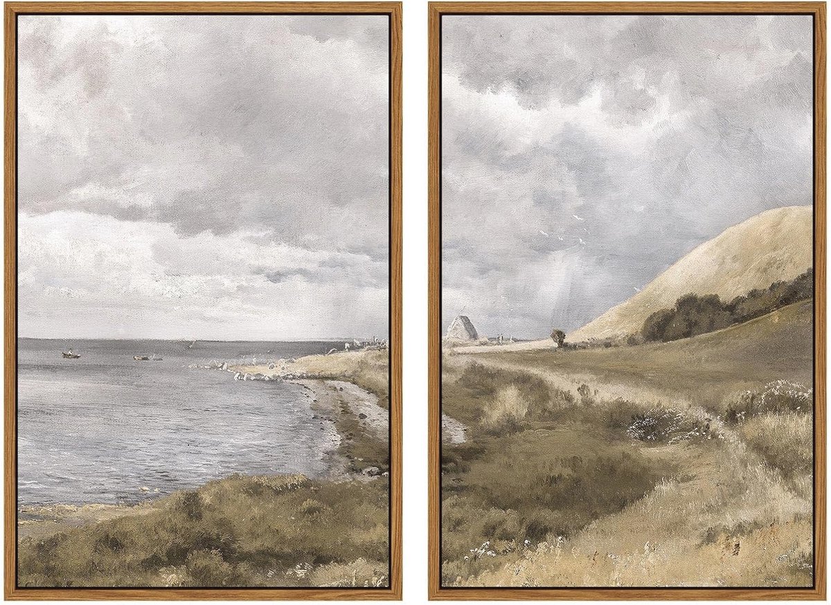 Vintage Kustschilderijen Set van 2 - Grote Muurkunstdecoraties voor Woonkamer, Slaapkamer en Badkamer