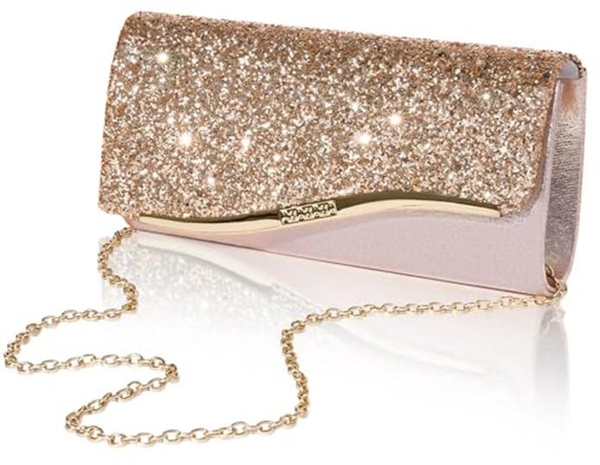 Larcenciel Women's Clutches and Clutches Rose Gold Evening Bag for Women Sequins Fashion with 2 Removable Chains Chic Shoulder Bag for Wedding, Party, Ball, Cocktail, Ceremony, 22 x