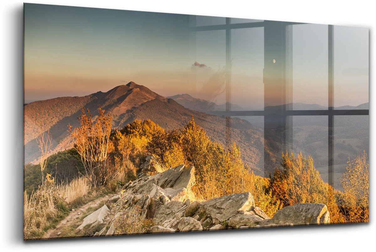 Wallfluent Glasschilderij - Bieszczady-gebergte Schilderij Op Glas - 100x50 cm - Geel Horizontale muurfoto - Natuur Foto In Glas - Foto Glas - Glas Foto