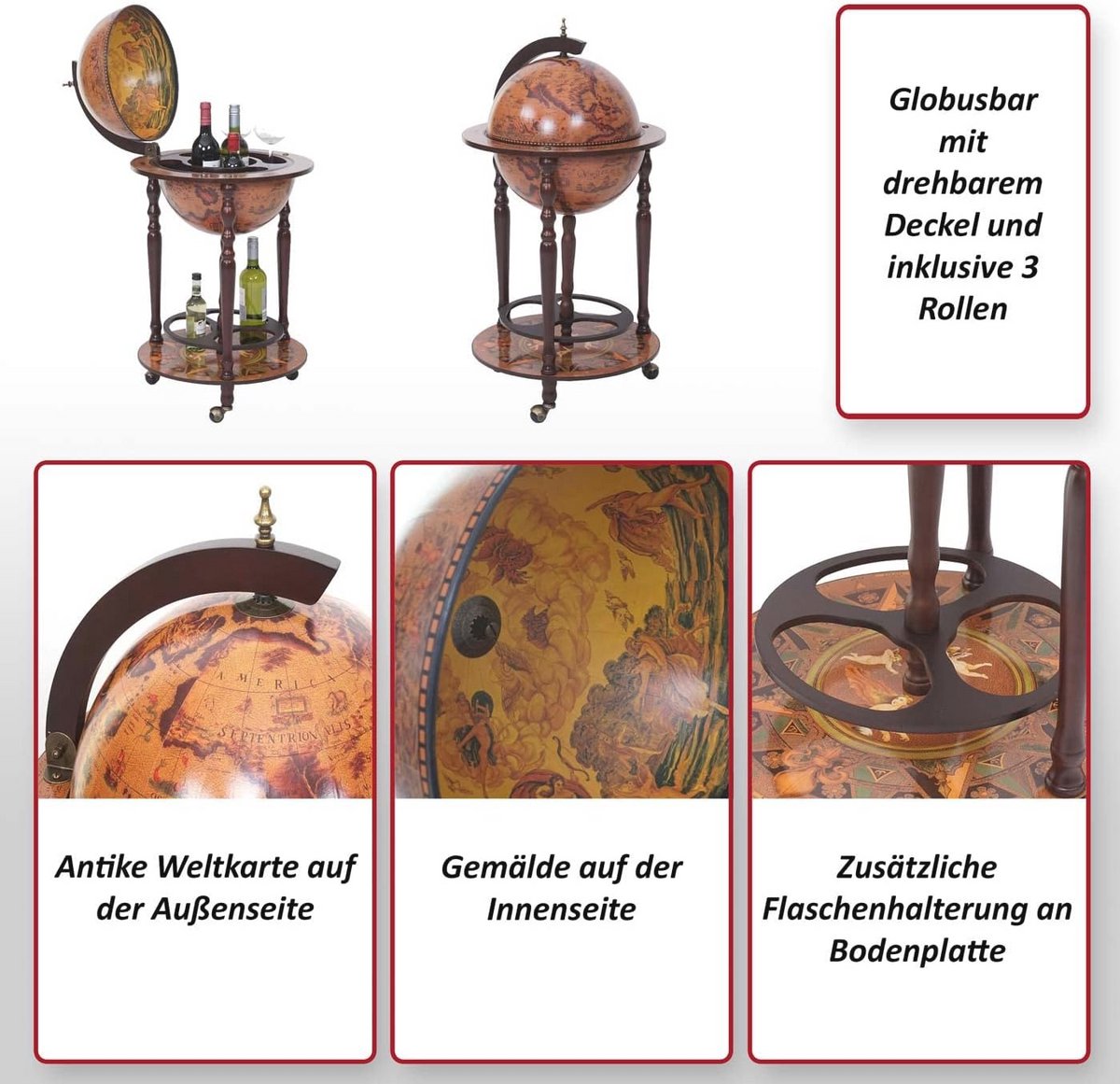 Mini Bar Globe HWC-T874 | Eucalyptus Houten Wijnrek met Rolmechanisme