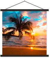 Support pour affiches avec affiche 90x90 cm - Affiche scolaire - Palmier - Coucher de soleil - Horizon - Plage - Mer - Tropical - Affiche textile - Lattes noires