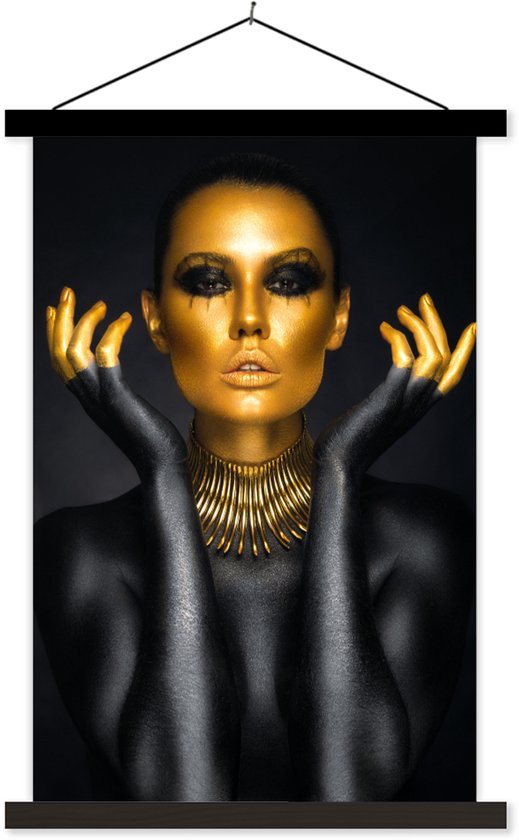 Posterhanger incl. Poster 120x180 cm - Schoolplaat - Vrouw - Portret - Goud - Luxe - Zwart - Textielposter - Zwarte latten