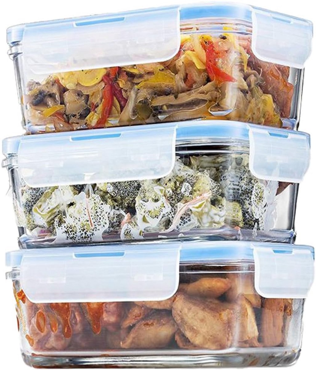 Luchtdichte glazen voedselcontainers 3-pack - BPA-vrij, lekvrij, oven- en vriezerbestendig - Glazen lunchbox voor maaltijdbereiding