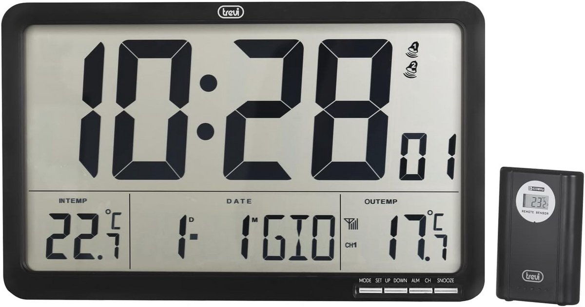 Digitale wandklok met externe sensor, wekker, kalender en thermometer