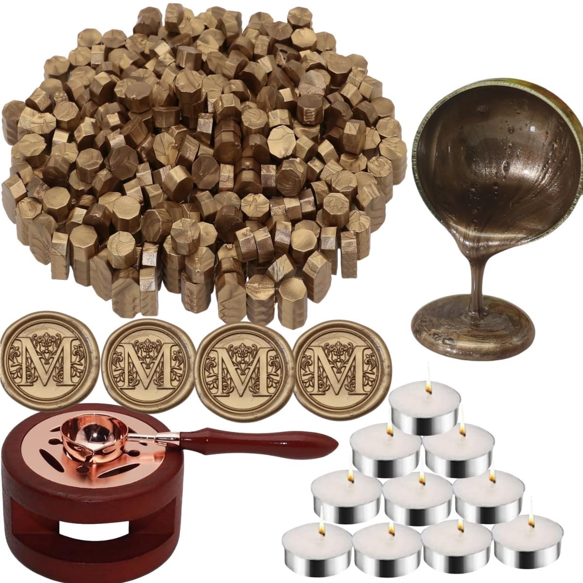 Waxzegelset met 300 Witte Waszegelparels, Houten Waszegelwarmer, Gesmolten Le pel, en Theekaarsen