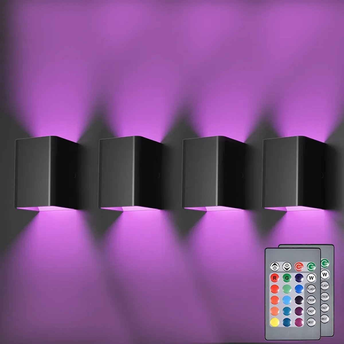 Vier moderne LED-wandlampen, zwarte binnenwandlampen, met afstandsbediening, geschikt voor
