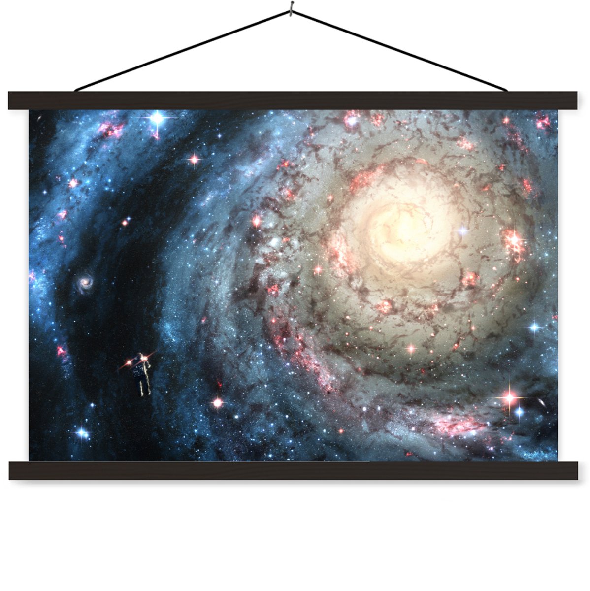 Posterhanger incl. Poster 60x40 cm - Schoolplaat - Illustratie van het sterrenstelsel de Melkweg - Textielposter - Zwarte latten