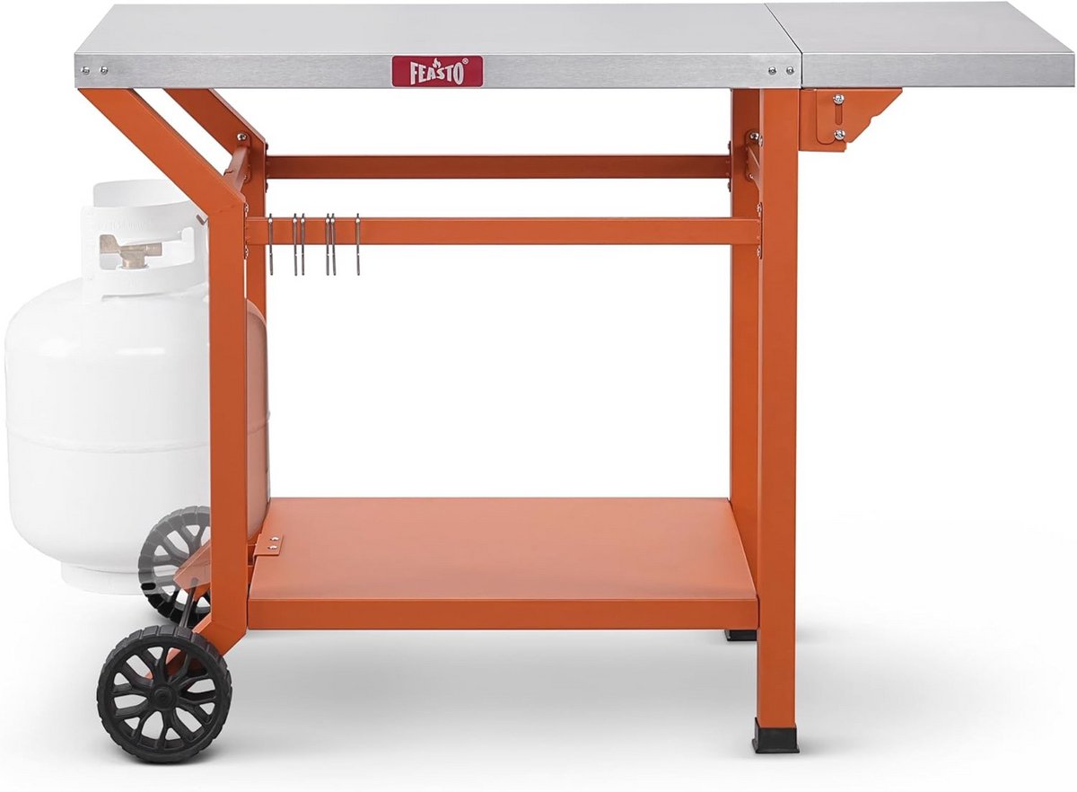 Beweegbare Grilltafel met Pizza Oven Stand - Roestvrij Staal BBQ Kar voor Buiten met Opslag en Opvouwbare Verlengtafel
