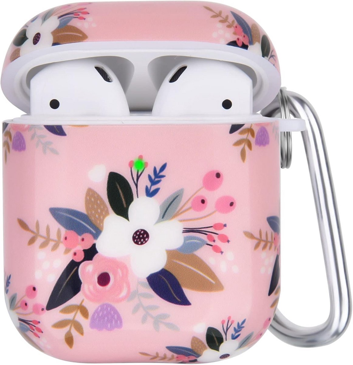Stevige Beschermhoes voor AirPods 1 & 2 met Sleutelhanger - Roze Wit Bloem Ontwerp