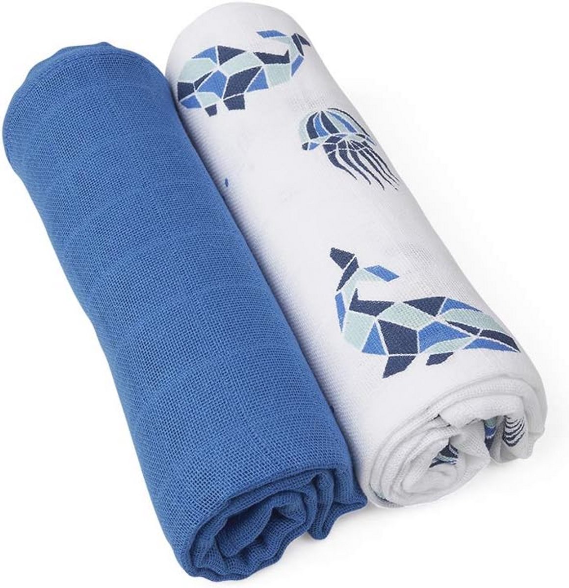 Biologische Katoenen Luiers 70x70cm zonder optische witmakers - 2 Stuks in Blauw met Zeedieren