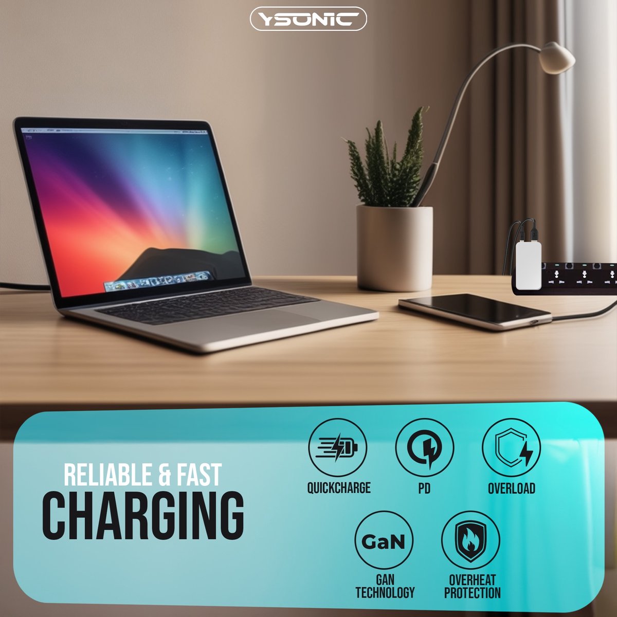 YSONIC Platte 65W Snellader met 2 Meter USB-C Kabel – Type-C Adapter & Oplader Charge Geschikt voor Smartphones, Tablets & Laptop – Wit — afbeelding 6