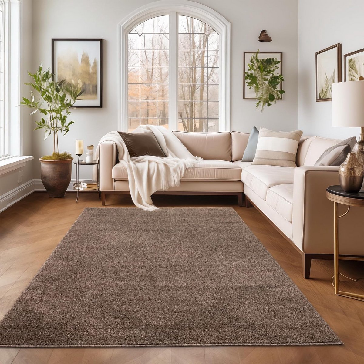 Laagpolig Vloerkleed Monochroom Bruin 280 x 370 cm - Modern Tapijt voor Woonkamer