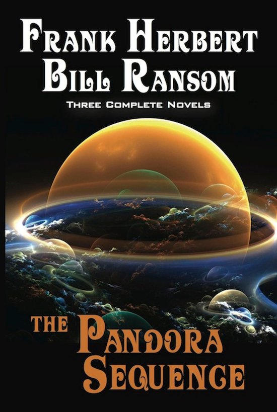 Boekcover van "The Pandora Sequence" met een oranje planeet, ringen en planeten.