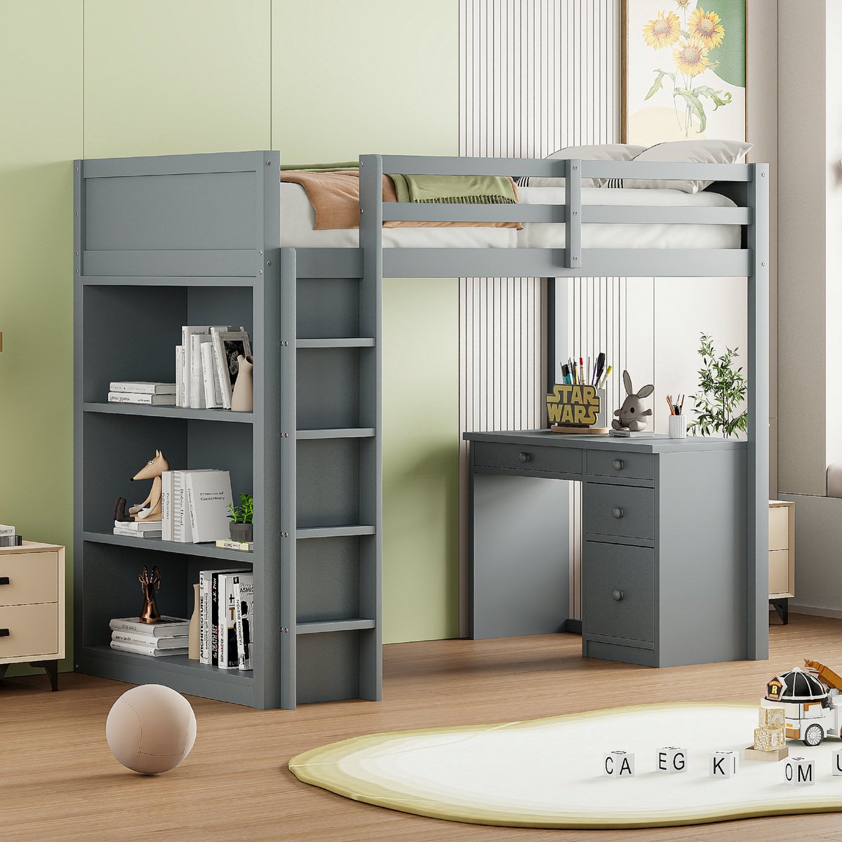 VVBV Hoogslaper - 90 x 200 cm - Houten kinderbed - Met opbergkast - Bureau - Grijs
