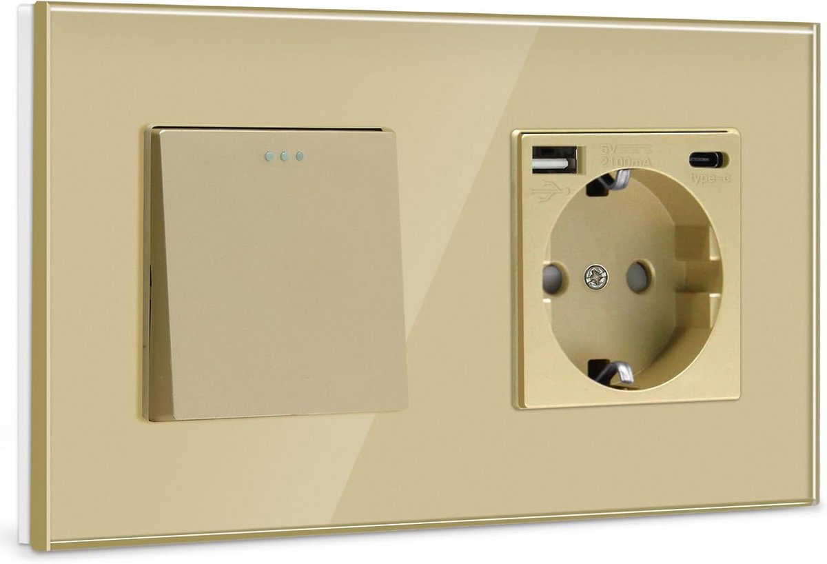 Lichtschakelaar met Stopcontact en USB-Aansluiting - Onderputschakelaar met 16A Schuko Stopcontact - Type C Poort Goud