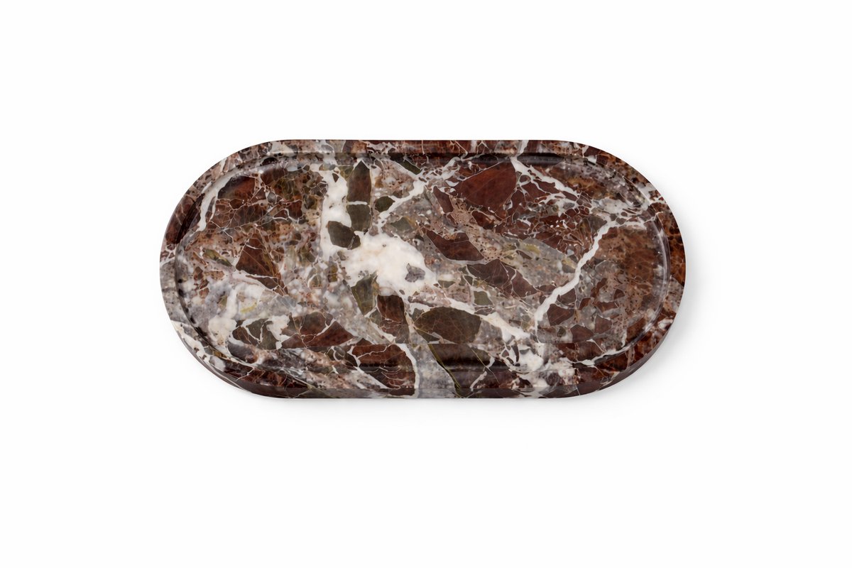 Natuurstenen Dienblad Ovaal – Bordeaux met witte en grijze adering – 35 × 17 cm – Decoratief Plateau – Marmer