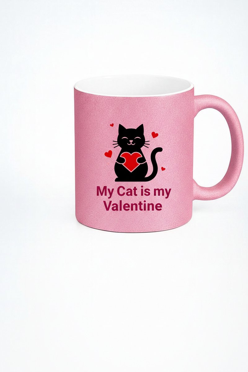 Valentijn Mok Kat Roze Glitter - My Cat is my Valentine - Cadeau Kattenliefhebber