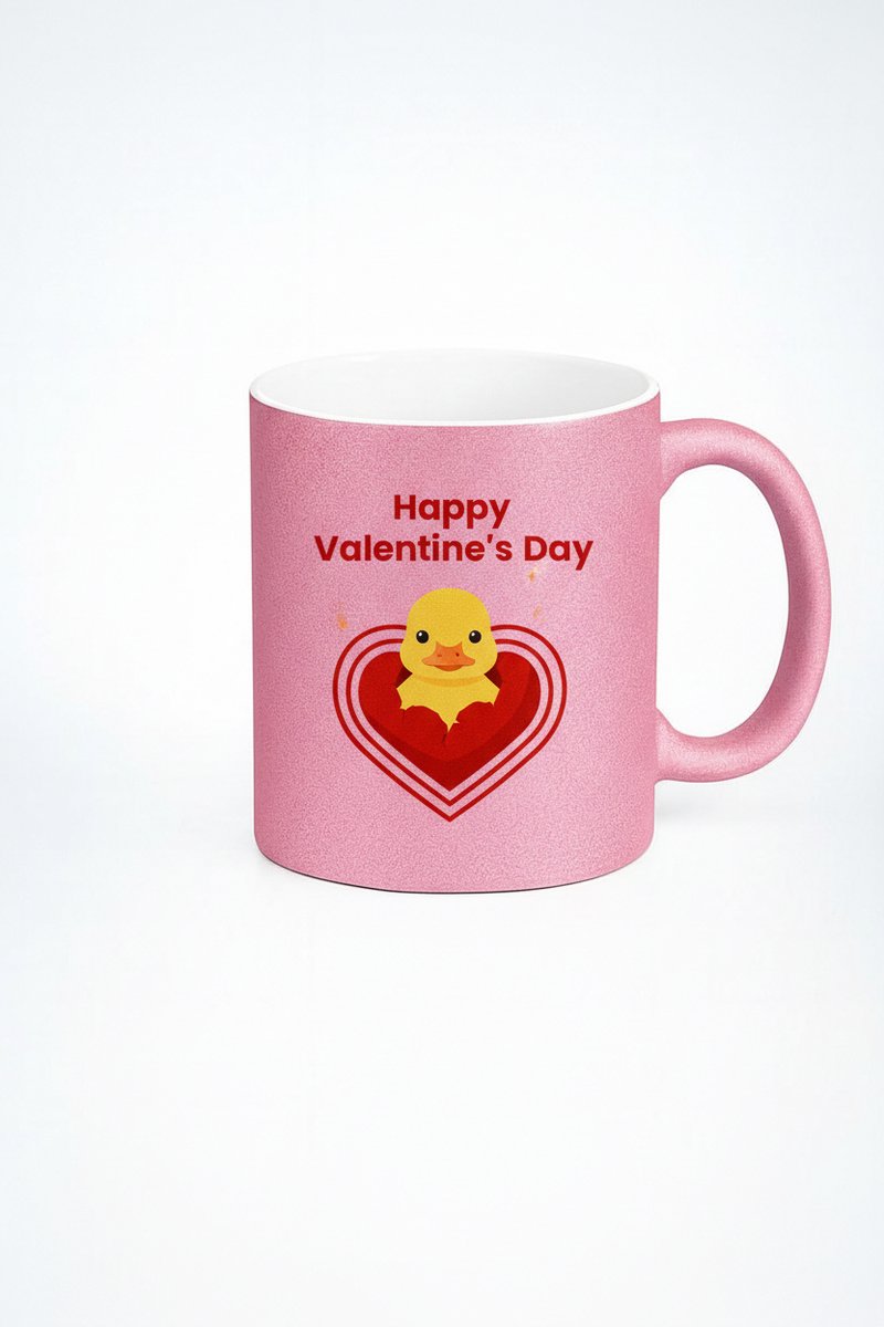 Valentijn Mok Roze Glitter met Schattig Eendje in Hart - Happy Valentine's Day Cadeau