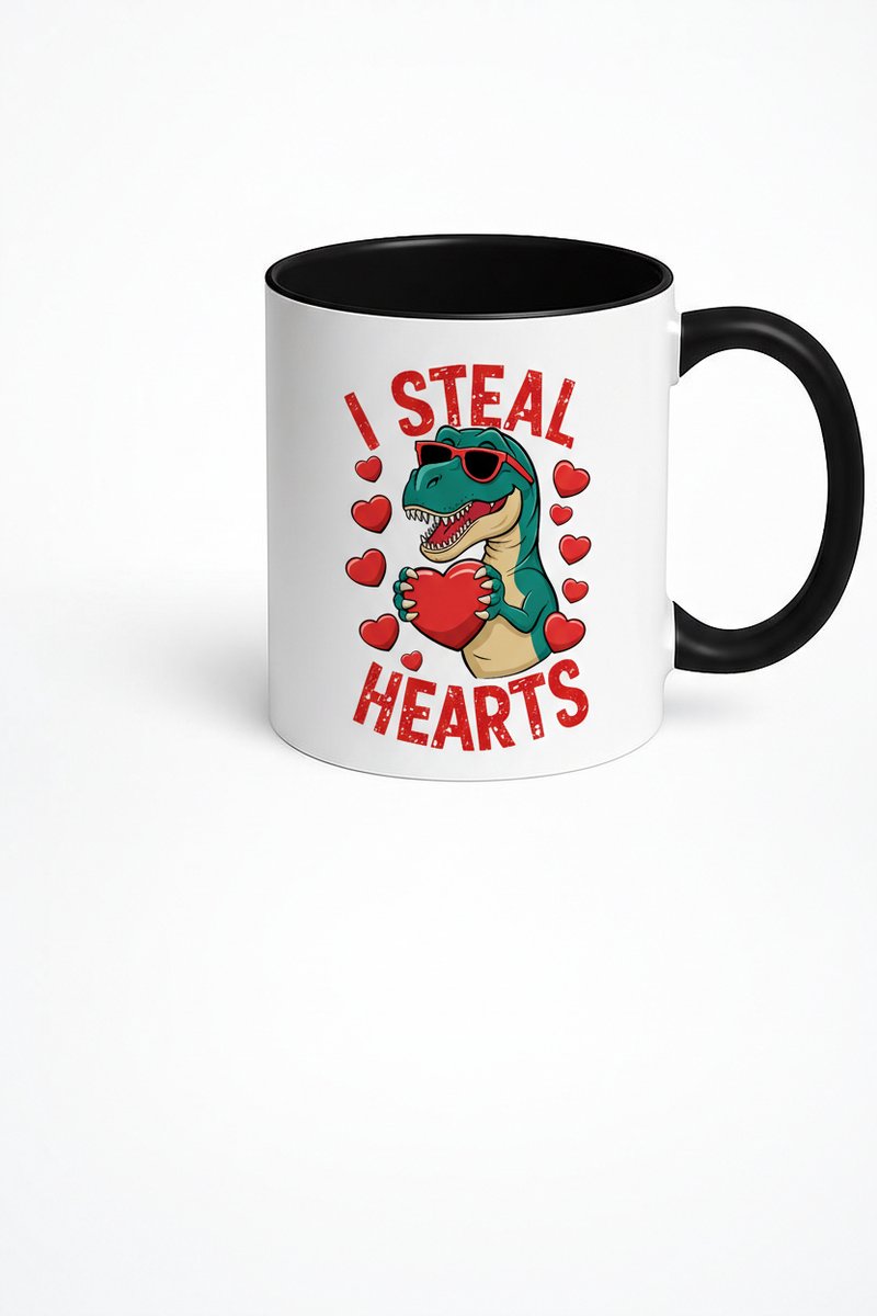 T-Rex Mok 'I Steal Hearts' - Grappige Dinosaurus Koffie Beker met Hartjes - Valentijn Cadeau
