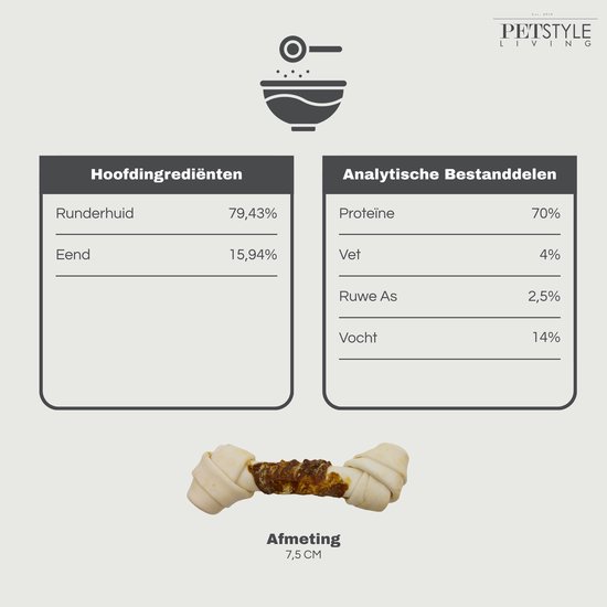 Geknoopt bot van 7,5 cm voor honden. Ingrediënten: Runderhuid 79,43%, Eend 15,94%. Analytische bestanddelen.