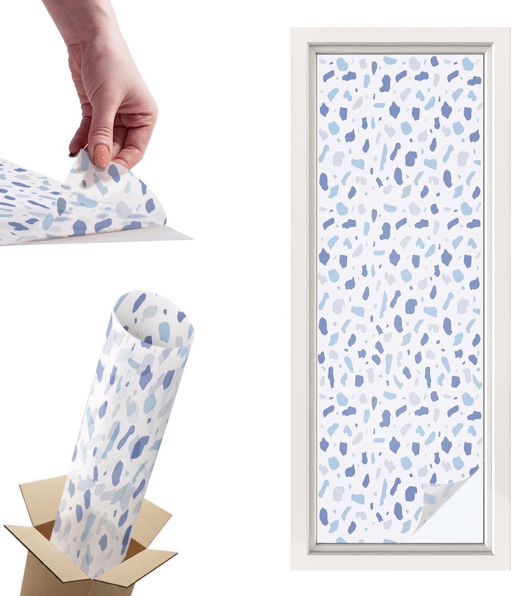 TULUP Raamfolie Anti inkijk - Blauwe patronen Privacy Folie Raam - 50x146 cm - Blauw Anti inkijk Folie - Raamfolie Tegen inkijk Glas in Lood - Voor de badkamer, voor het kantoor, voor de keuken - Raamfolie Zonwering Blauw - Blauwe patronen
