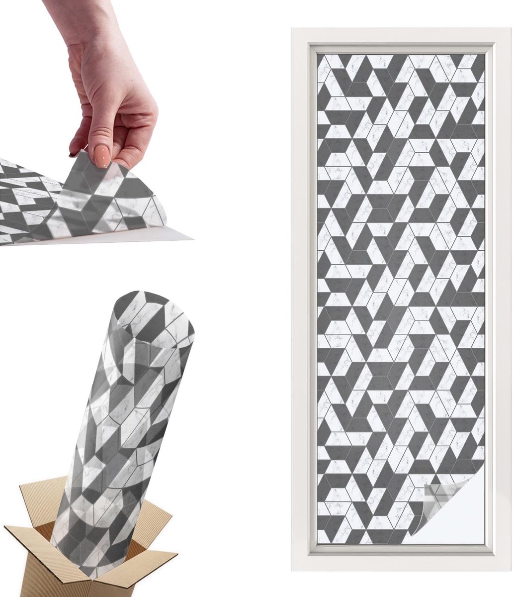 TULUP Raamfolie Anti inkijk - Geometrische illusies Privacy Folie Raam - 50x146 cm - Zwart Anti inkijk Folie - Raamfolie Tegen inkijk Glas in Lood - Voor op kantoor, voor de hal, voor de woonkamer - Raamfolie Zonwering Zwart - Geometrische illusies