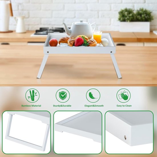 Opklapbare tafel - Multifunctionele opklapbare tafel voor thuis - Opklapbare bamboe nachtkastjestafel - Kan gebruikt worden als eettafel, tv-tafel, laptoptafel, snacktafel, banktafel of werktafel - Wit — afbeelding 3