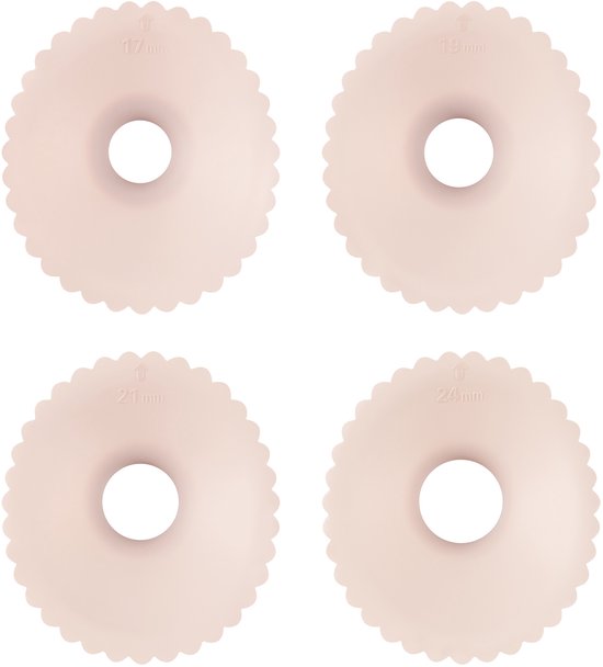 Vier lichtroze, geribbelde siliconen inzetstukken met afmetingen van 17 mm, 19 mm, 21 mm en 24 mm.