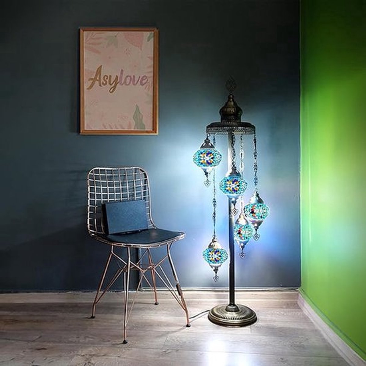 Turkse lamp - vloerlamp met 5 mozaïek glazen - handgemaakt - blauw - sfeervolle verlichting