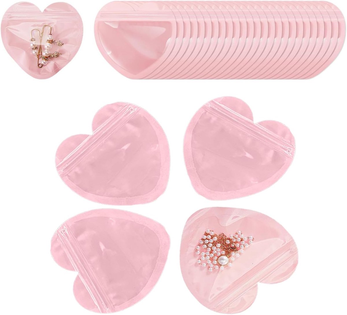 50 stuks roze hartvormige sieradenzakjes met zelfsluitende ritssluiting, transparante verpakkingszakjes met hersluitbare rits, kleine sieradenzakjes geschikt voor ringen, kettingen, oorbellen, armbanden en kleine accessoires.