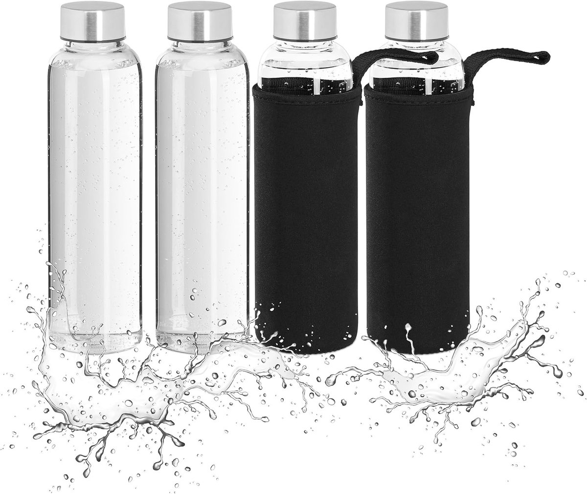 Set Van 4 Glazen Waterflessen 500ml – Anti-Lek Met Beschermhoes - Transparant/Zwart