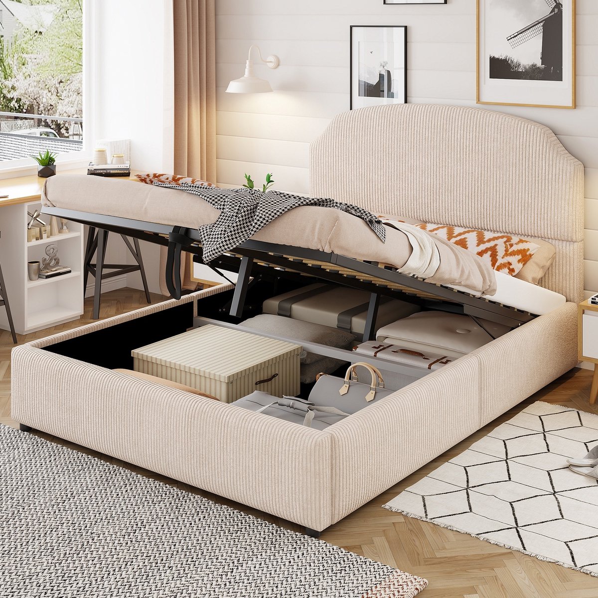 PHOEBE CAT Gestoffeerd bed - 140×200 cm - Opbergruimte - Gestreepte patroon - Tweepersoonsbed - Beige