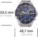 Casio Edifice horloge met donkerblauwe wijzerplaat, zilverkleurige band en datumweergave.