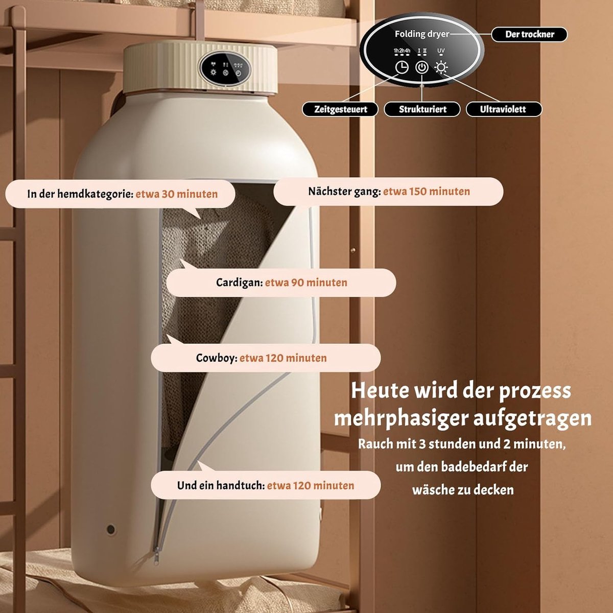 Condensdroger Wasdroger - Multifunctionele Droger - Opvouwbare Droogmachine - met UV Sterilisatie - 3 Timerstanden - 2 Snelheden - 45 dB Stil - Elektrisch Droogrek - Voor Thuis & Campers & Appartementen & Hotels thumbnail 4