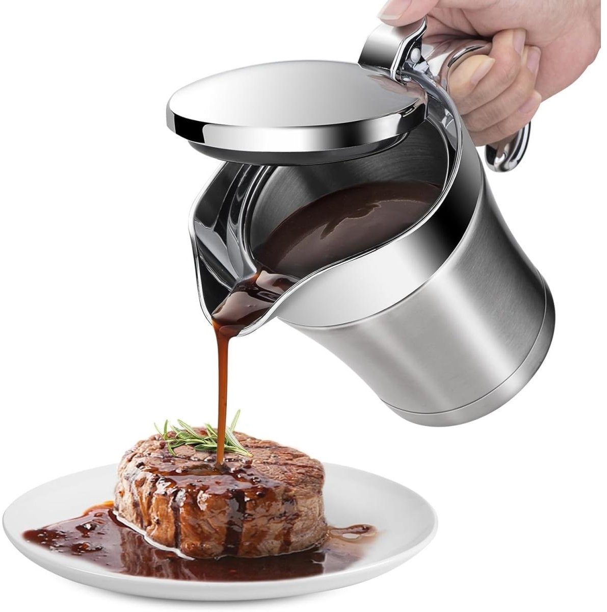 Sauskan - Geïsoleerde juskan - Sauskan - Dubbelwandige geïsoleerde roestvrijstalen juskan - Met scharnierend deksel - Geschikt voor feestelijke diners - 450 ml - Zilver