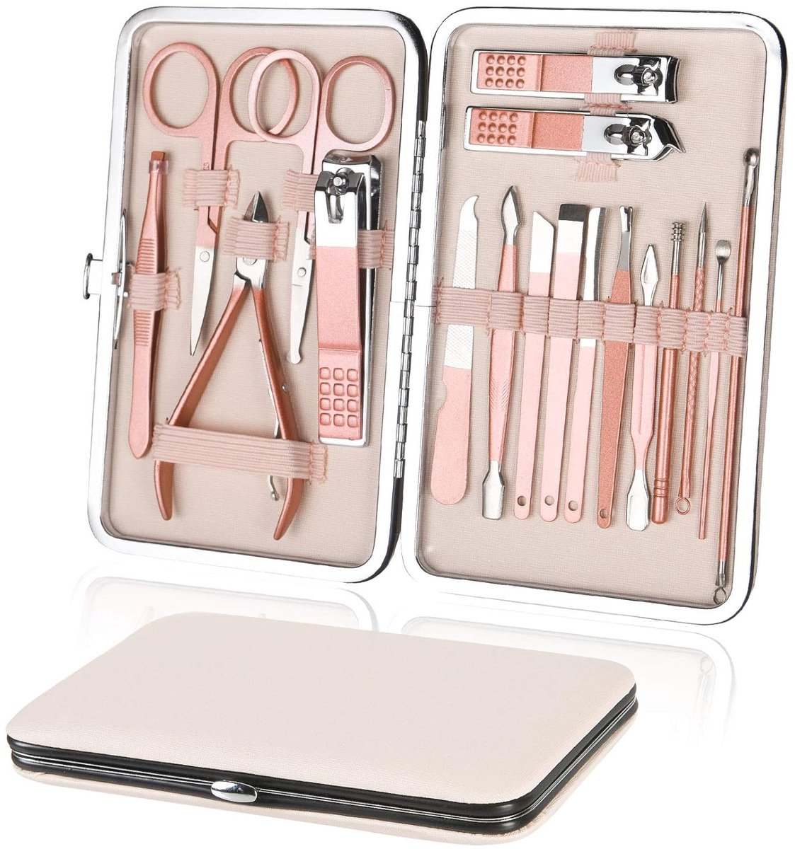 Stunq® Nagelknipperset 18-delig – Nagel knip Manicure- & Pedicure set van Roestvrij Staal – Professionele Beautyverzorging voor Dames – Reis set met Luxe Etui – Rosé goud