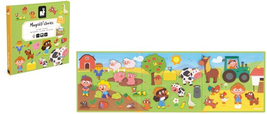 Doos van de Janod Magneti Stories boerderij magneetset, met afbeeldingen van boerderijdieren en kinderen.