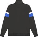 Achterkant zwart trainingsjack met blauwe en witte strepen op de mouwen.