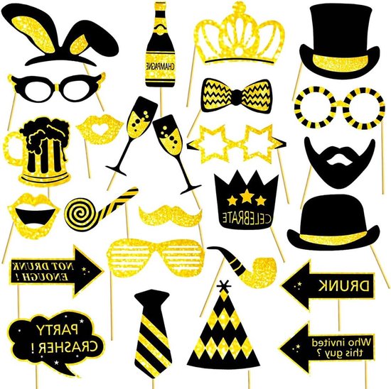 Green Glow - Set d'accessoires pour photomaton pour mariage, anniversaire, réunion de famille - 26 Accessoires de vêtements pour bébé amusants (Goud)