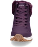 Voorkant van paarse Skechers veterboot met witte zool, bruine zoolrand en bontkraag.