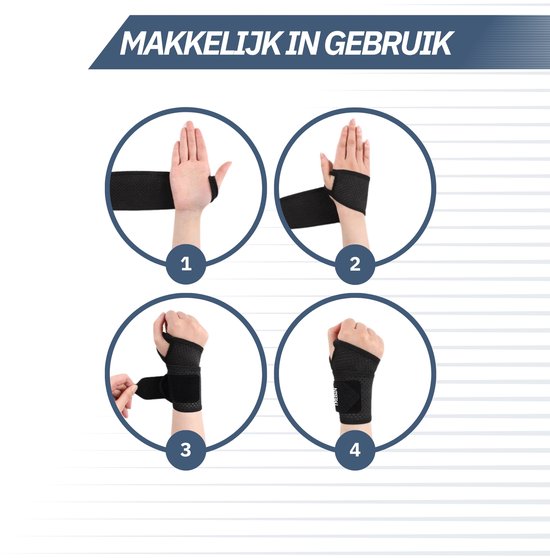Illustratie van hoe de polsbrace met duimlus en klittenband eenvoudig om de pols wordt gedaan.