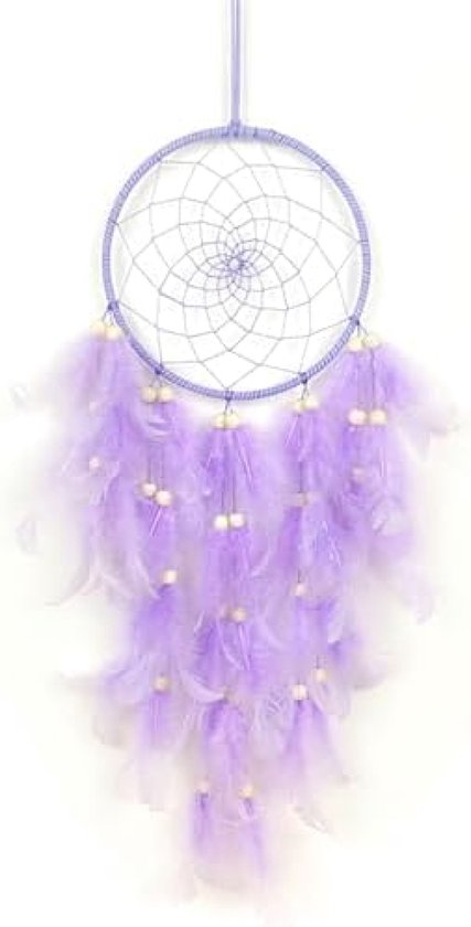 Handgemaakte paarse dromenvanger met veren en macramé decoratie