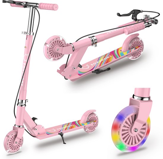 FOXSPORT Kinderstep - Step - Met handrem - Hoogteverstelling op drie niveaus - Speelgoed Jongens/Meisjes - Draagkracht tot 100 kg -120mm Lichtgevende Wielen - Roze
