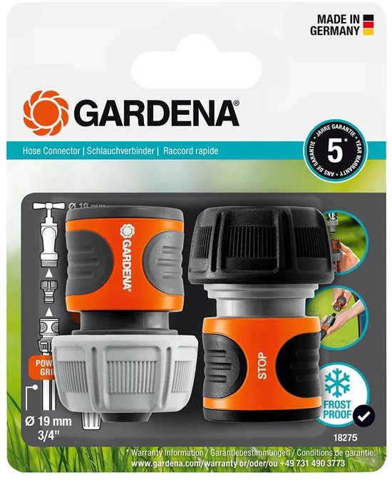De verpakking van Gardena slangkoppelingen met "Made in Germany" en "Frost Proof" aanduiding.