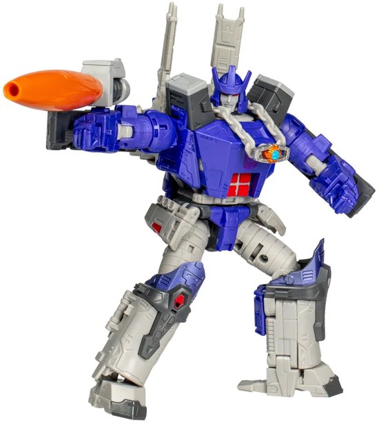 Galvatron actiefiguur in actieve pose, met een oranje kanon, grijze details, blauwe romp en rode borst met een edelsteenhanger.
