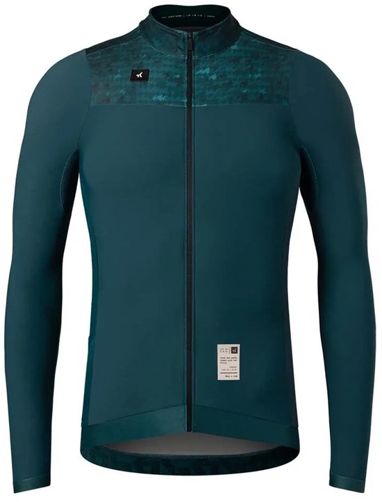 Donkergroen fietsshirt met lange mouwen, rits aan de voorzijde, geborduurd kraagdetail en label.