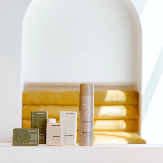 Verschillende KEVIN.MURPHY haarproducten waaronder Free.Hold, Hair Resort, en Session Spray.