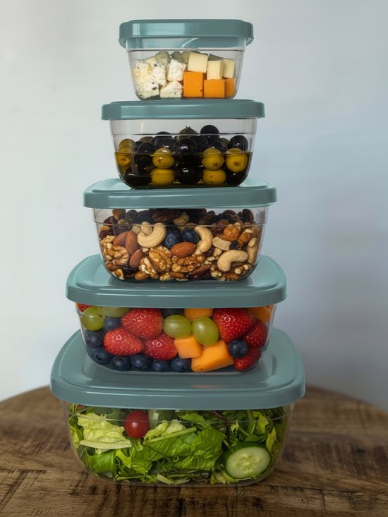 Tobeyz - 5-delige Vershoudbakjes Set met Deksel – Meal Prep Bakjes - Diepvriesbakjes - Vierkant Voedselcontainer - 500ml, 900ml, 1500ml, 2400ml, 3750ml - BPA-vrij, Herbruikbaar - Groen - QS190