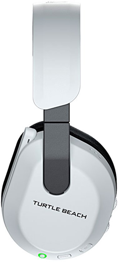 Witte Turtle Beach gaming headset, zij-aanzicht met zwarte oorschelpen en indicatorlampje.